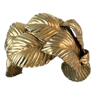 Vintage Gold Tone Metal Leaf Cuff Bracelet For Sale