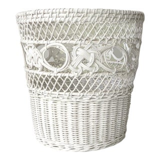 Late 20th Century Vintage White Woven Wicker Wastebasket For Sale