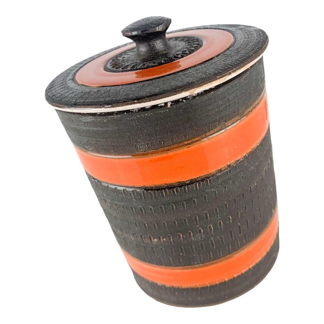 Vintage Mid Century Modern Striped Pottery Canister Jar Lid Bitossi Style Italy For Sale