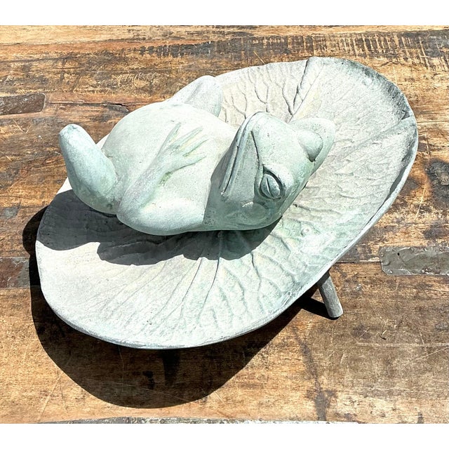 Metal Vintage Patinated Frog on Lilypad Garden Ornament For Sale - Image 7 of 12