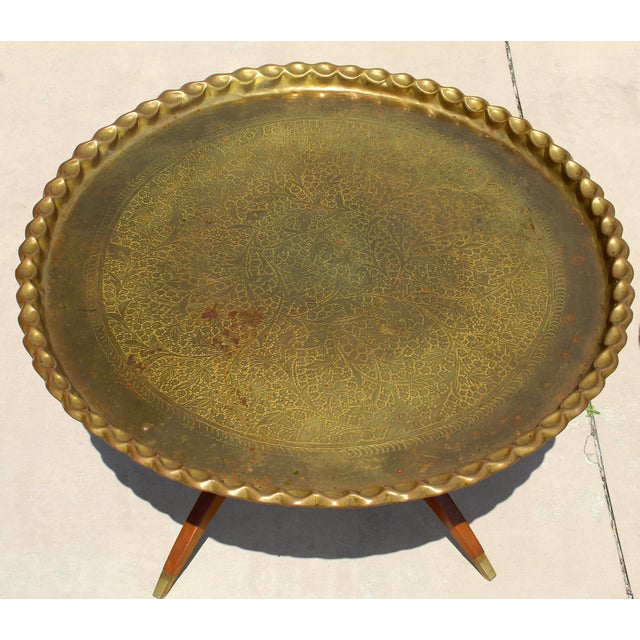 Wood Vintage Moroccan Hand-Engraved Brass Tray Coffee & Side Table Set, 1960s For Sale - Image 7 of 18