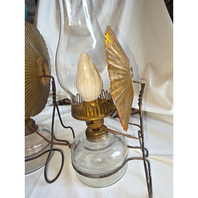 1900 - 1909 1900s Primitive Pair of Converted Kerosene Lamps With Tin Reflectors Now Electrofied For Sale - Image 5 of 8