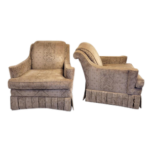Pair of Sherrill Velvet-Damask Skirted Lounge Chairs