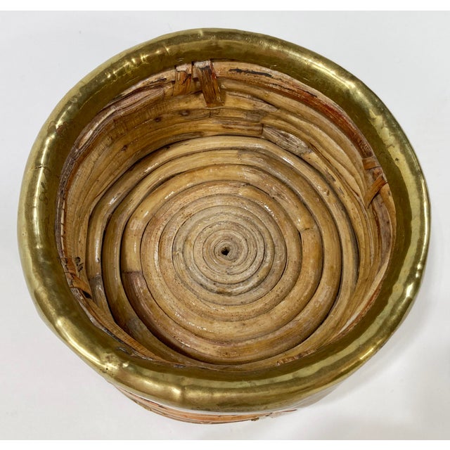 Vintage Gabriella Crespi Style Coiled Rattan Brass Rim Wine Coaster For Sale In Kansas City - Image 6 of 7