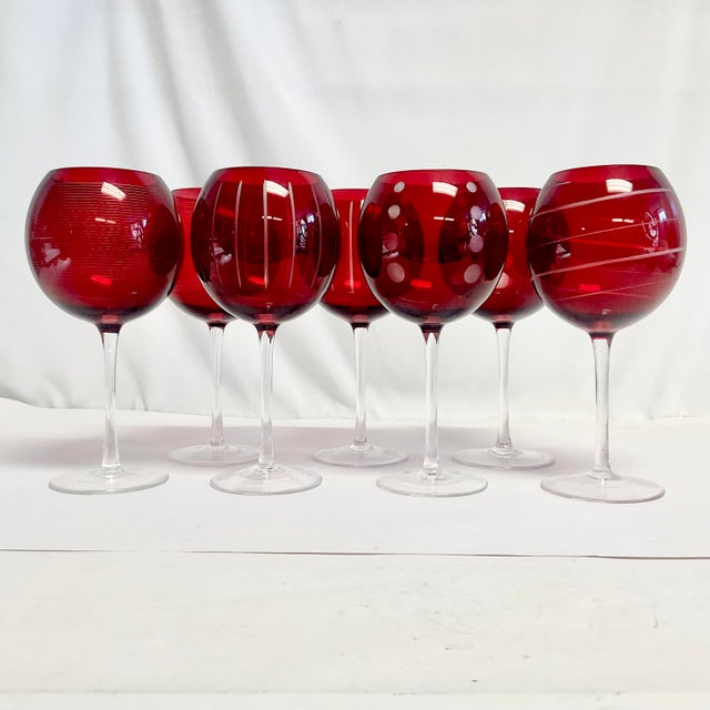 Art Deco Vintage Art Deco Hollywood Regency Ruby Cheers Balloon Wine Glasses - Set of 7. For Sale - Image 3 of 10