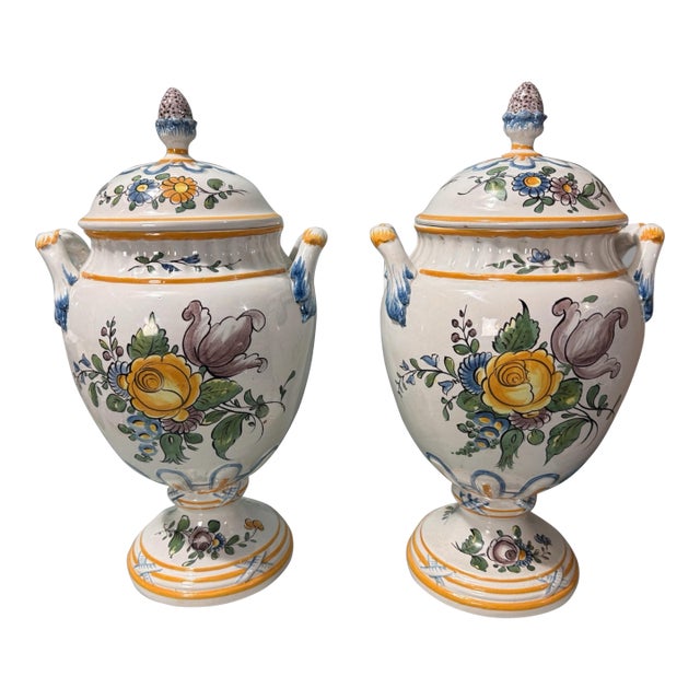 Pair of Antique French Faience Floral Hand Painted Double Handled 15" Vases Urns W Lids For Sale