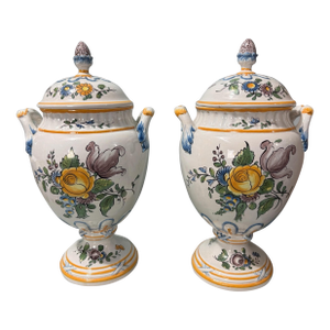 Pair of Antique French Faience Floral Hand Painted Double Handled 15" Vases Urns W Lids