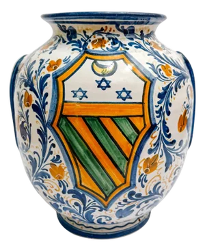 Vintage Italian Majolica Ceramic Vase With Heraldic Crest & Floral Scrollwork