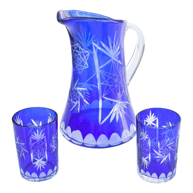 Vintage Blue Crystal-Cut Pitcher & Glasses Set - Set of 3 For Sale