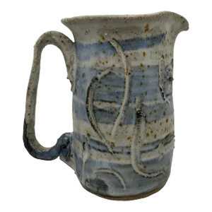Contemporary Studio Pottery Handcrafted Blue White Brown Pitcher Artist Signed “rem”