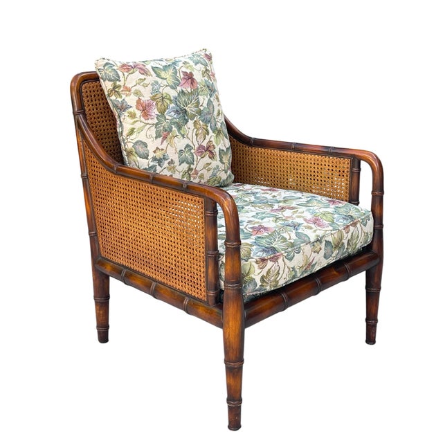 Vintage lounge chair by Sherrill Furniture featuring a beautifully crafted faux bamboo hardwood frame with inset cane...