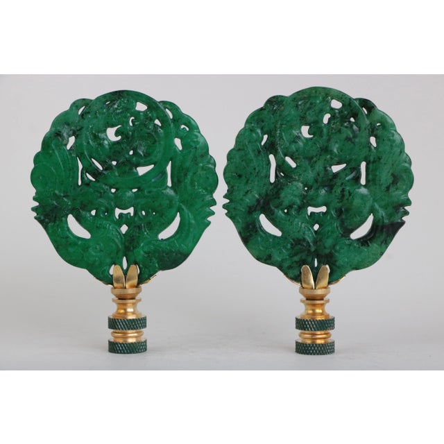 Dappled Jade Green Chinese Carved Stone Lamp Finials - a Pair For Sale - Image 4 of 5