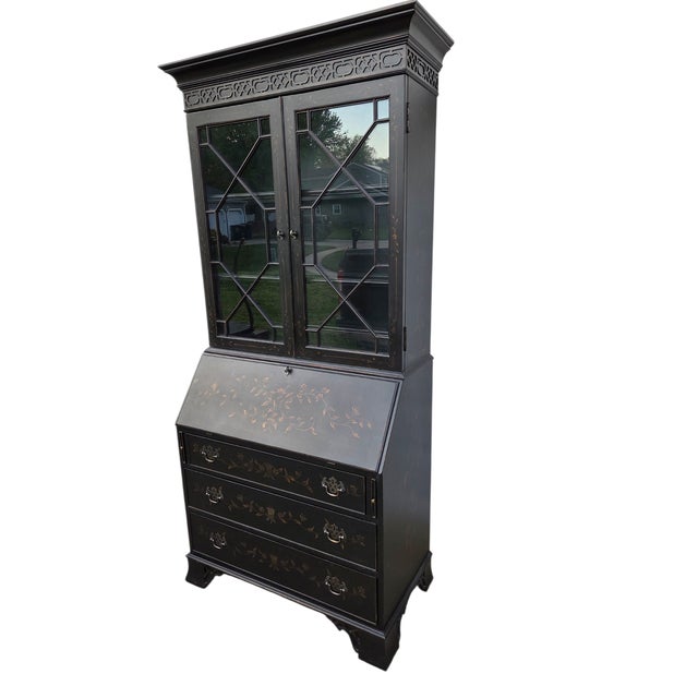 Chinoiserie 1990s Ethan Allen Newport Liliana Secretary Writing Desk Hutch Display Chinoiserie For Sale - Image 3 of 18
