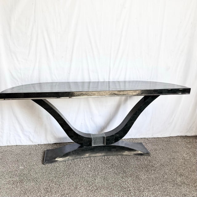 Art Deco Sculptural Black Tessellated Stone a Console Table With Chrome Inlay For Sale - Image 9 of 11