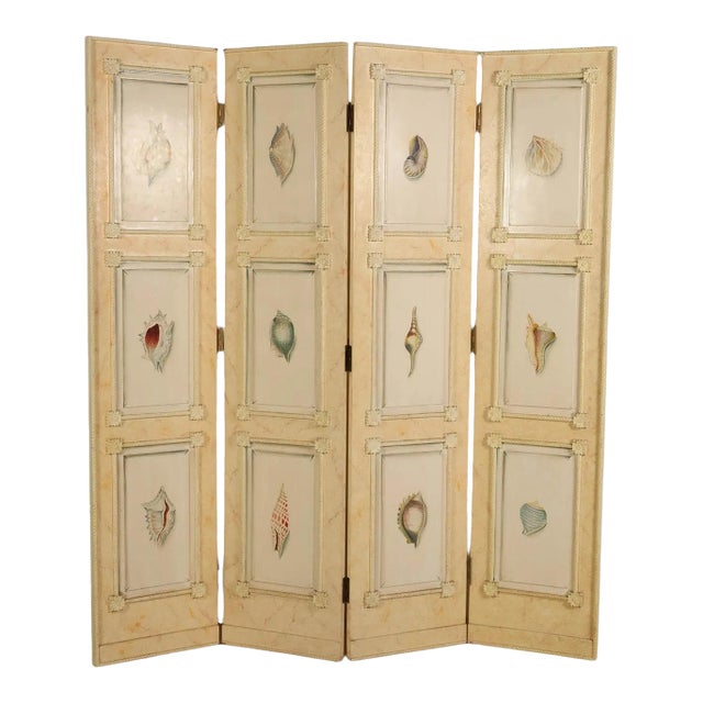 1980s Four-Panel Hand-Painted Wooden Room Divider Screen For Sale