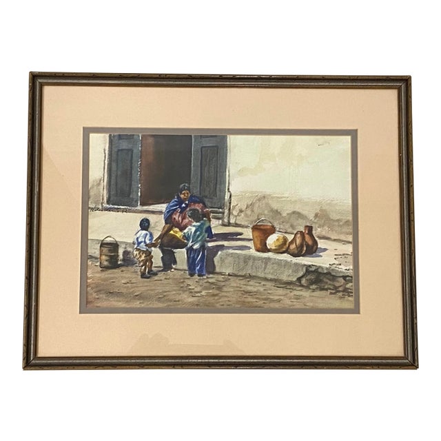 Vintage Latin American School Watercolor by Helen Marie C.1970 For Sale