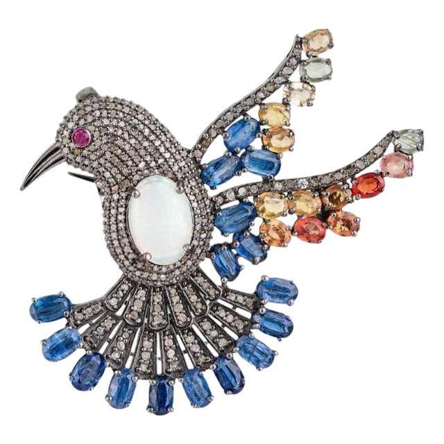 Caratandher Bird Motif Brooch Pendant in Opal, Ruby, Sapphire & Diamond – 5.35ct For Sale