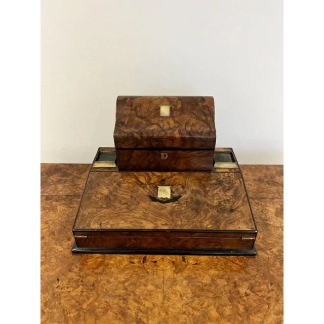 Unusual antique Victorian quality burr walnut writing box having a quality burr walnut writing box with an unusual shaped...