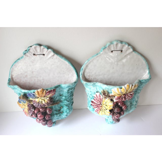 Pair of Italian Ceramic Majolica Pottery, Grapes, Aqua Turquoise Blue Wall Pocket Vase Planters For Sale - Image 4 of 11
