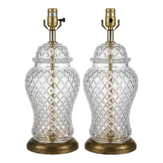Vintage Cut Crystal Glass Ginger Jar Table Lamps- A Pair For Sale