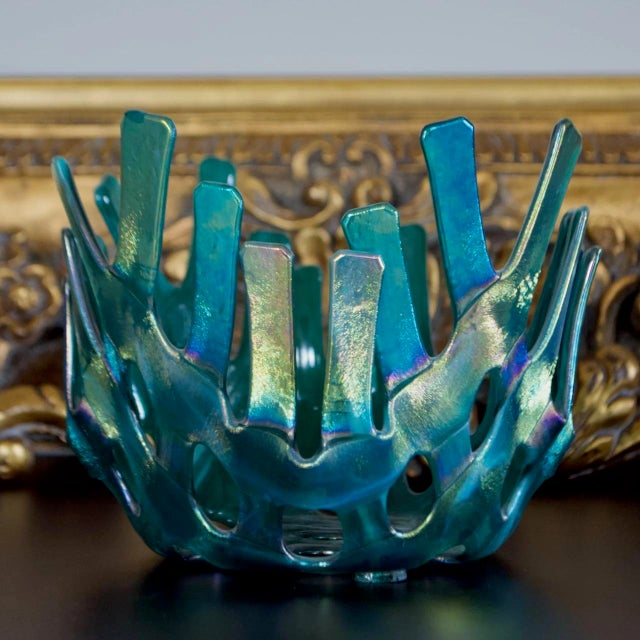 Iridescent Blue Green Fused Art Glass Coral Basket Bowl – Sculptural Studio Glass For Sale - Image 6 of 11
