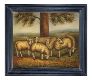 "Flock of Six Sheep in Meadow" Contemporary Reproduction Print on Canvas, Framed