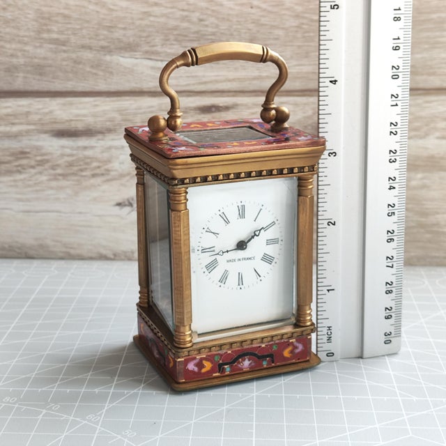 Miniature French Carriage Clock With Champleve (Cloisonné Enamel) Enamel Antique Brass Clock Made in France For Sale - Image 10 of 10