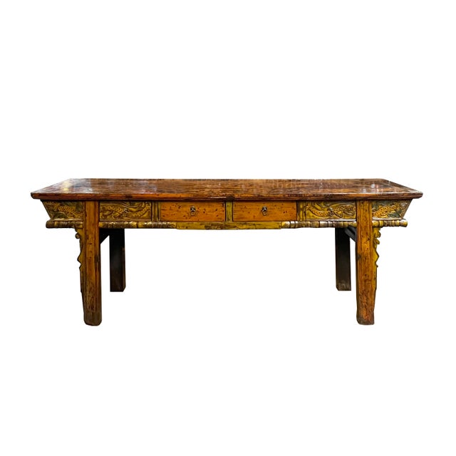 Chinese Vintage Chinese Orange Yellow Long Dragon Carving Console Table For Sale - Image 3 of 18