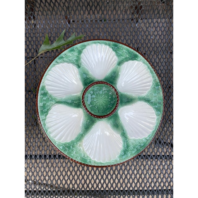 1920s Antique French Longchamp Majolica Green and White Oyster Plate For Sale - Image 14 of 14