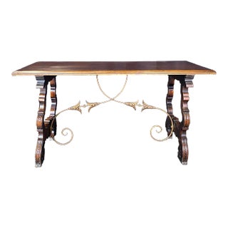 Fratino Spanish Walnut Dining Table With Iron Stretchers For Sale