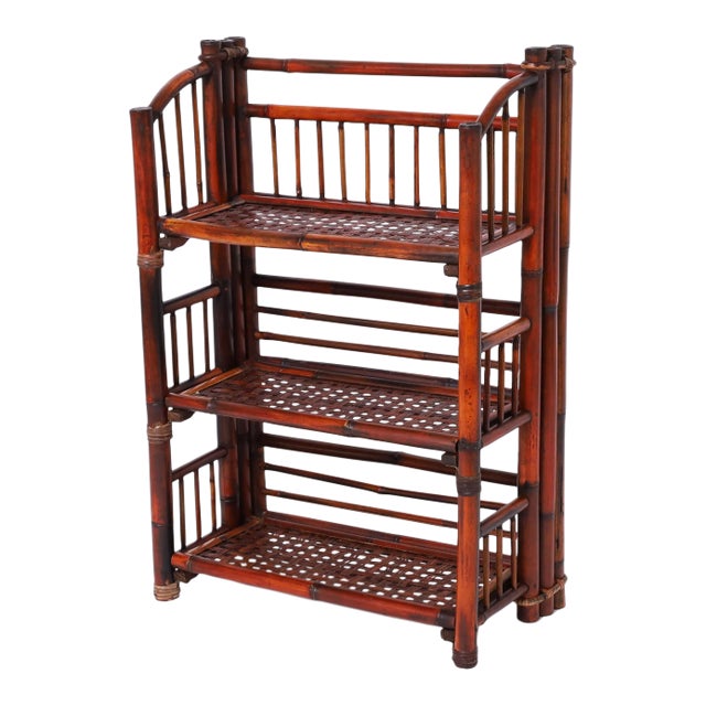 Vintage British Colonial Style Bamboo Three Tiered Folding Etagere For Sale