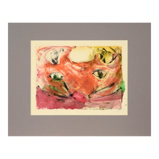 Colorful Cat Face - Transfer Monotype in Water Based Ink on Paper by Heather Speck For Sale