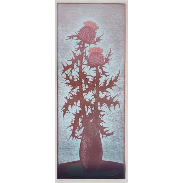 Mid 20th Century Vintage Mid Century Blue and Purple Thistle Block Print For Sale - Image 5 of 5