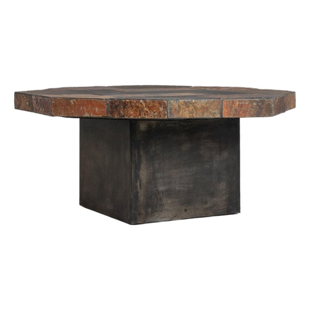 Octagonal Brutalist Slate Stone Table With Iron Base For Sale