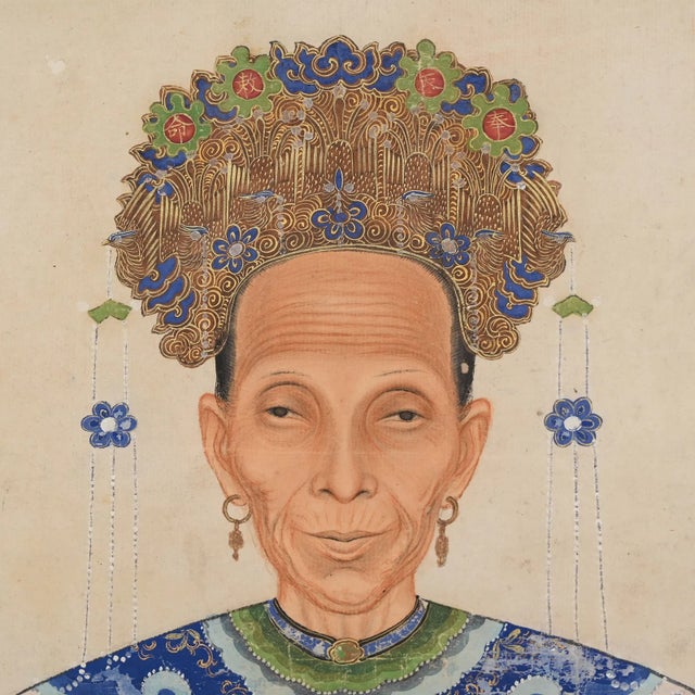 Early 20th Century Large Chinese Ancestor Portraits - a Pair For Sale - Image 9 of 13