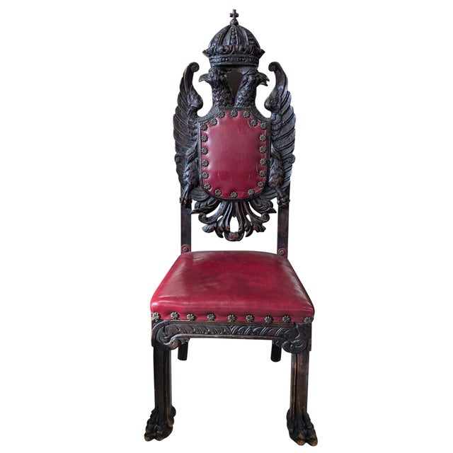 Late 18th Century-Early 19th Century, High backed chair, Throne, Solid wood frame, Upholstered leather seats and back pad,...