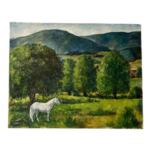 1960s Original Painting White Horse in a Field With Trees, Mountains, and a Red Barn