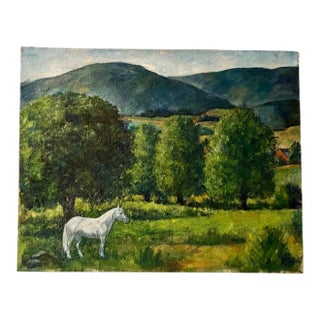 1960s Vintage Original Painting White Horse in a Field With Trees, Mountains, and a Red Barn For Sale
