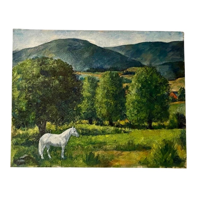 1960s Vintage Original Painting White Horse in a Field With Trees, Mountains, and a Red Barn For Sale