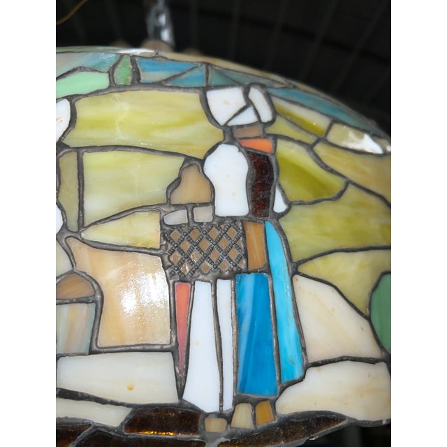 1930's Original Arts and Crafts Tiffany Style Stained Glass Pendant Light With Pilgrim Scenes For Sale - Image 11 of 13