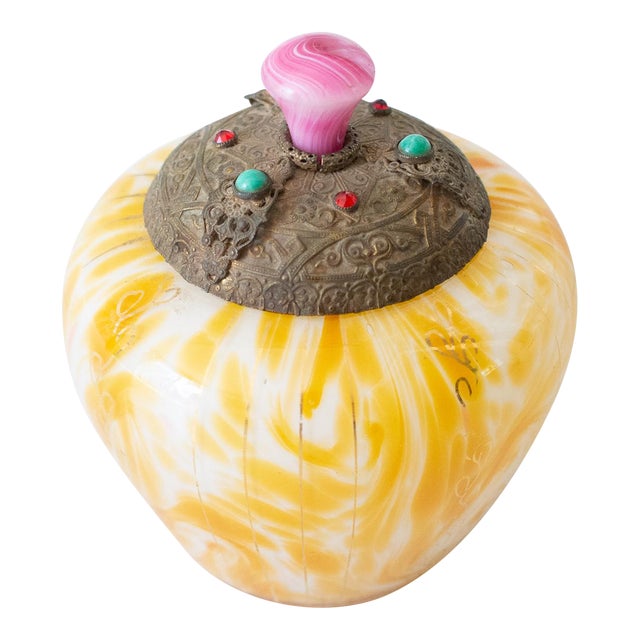 Early 20th Century Bohemian Czech Hand Blown Glass Jar With Stone Encrusted Brass Lid For Sale