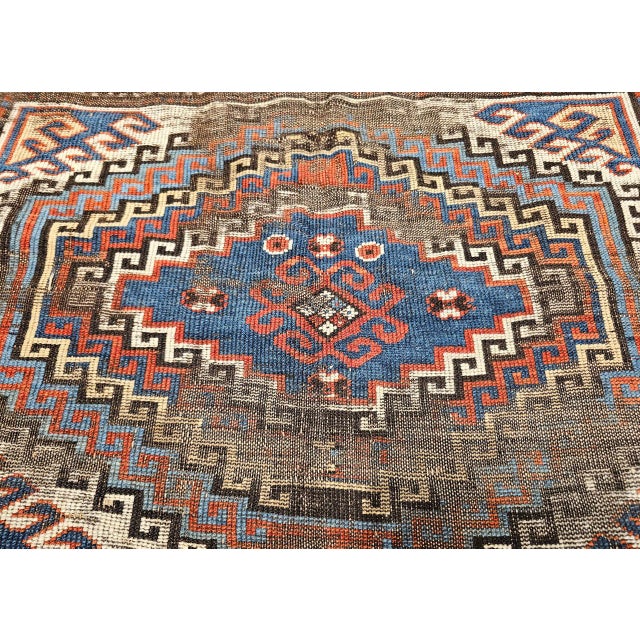 Antique Caucasian Karabagh Area Rug, Hand-Knotted Wool, Geometric Design, Ivory & Blue, 5x8 For Sale - Image 13 of 17