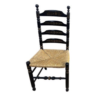 Chair Vintage L. Hitchcock French Country Black Ladder Back Rush Chair Stenciled For Sale