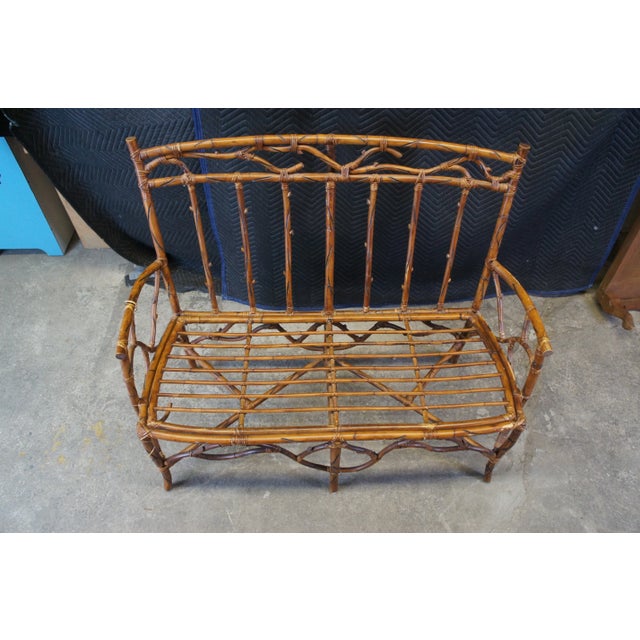 Mid 20th Century Vintage Rustic Bamboo Rattan Bentwood Adirondack Tree Branch Bench Settee For Sale - Image 4 of 12