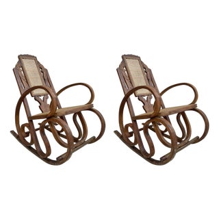 20th Century Art Deco Bentwood Rocking Chairs with Reed Seats, Set of 2 For Sale