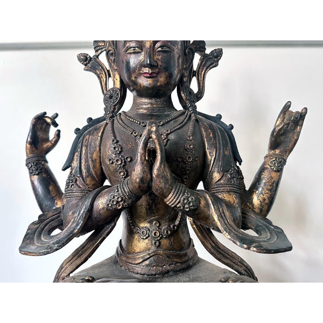 Large Gilt Bronze Statue of Bodhisattva Avalokiteshvara with Four Arms For Sale In Atlanta - Image 6 of 18