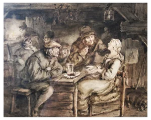 Flemish School Artist, Tavern Scene, Ink Wash, 19th Century