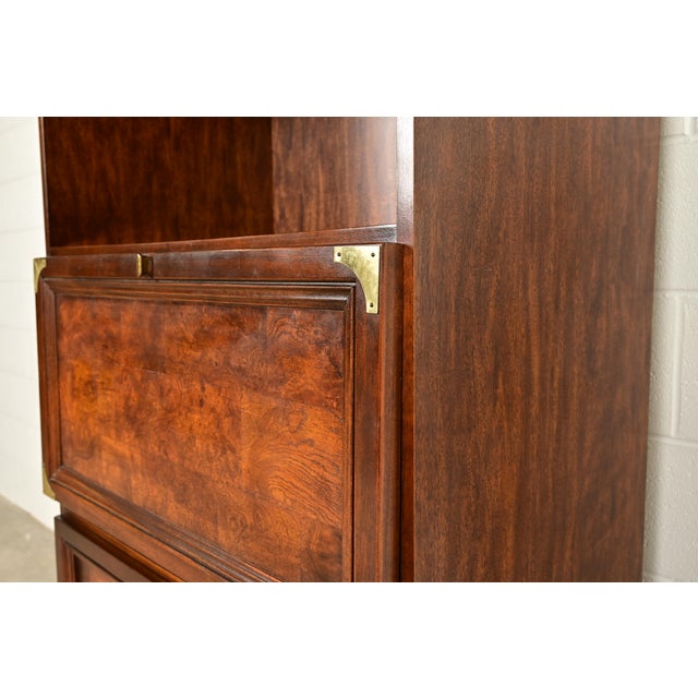 Henredon Style Mid-Century Modern Hollywood Regency Campaign Burled Walnut Bookcase With Drop Front Secretary Desk, Circa 1970s For Sale - Image 9 of 15
