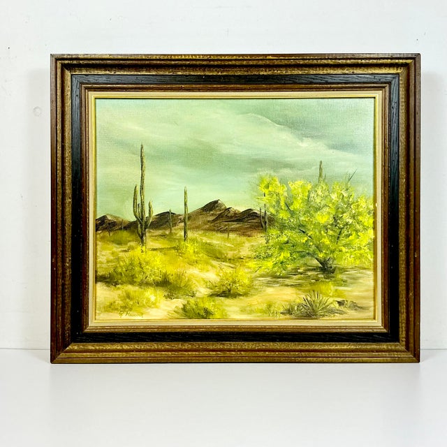 Rustic 1970s Vintage Southwestern Impressionist Saguaro Landscape Folk Art Original Oil Painting, Artist Signed For Sale - Image 3 of 13