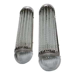 Pair Vintage Art Deco Wall Sconces Fixture in Nickel Brass & Ribbed Glass Rod Ship Light